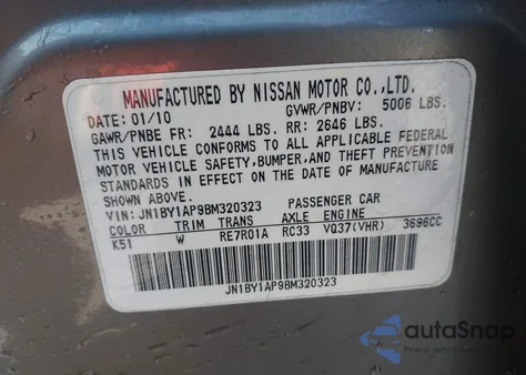 2011 Infiniti M37 z USA, uszkodzony, nr VIN JN1BY1AP9BM320323